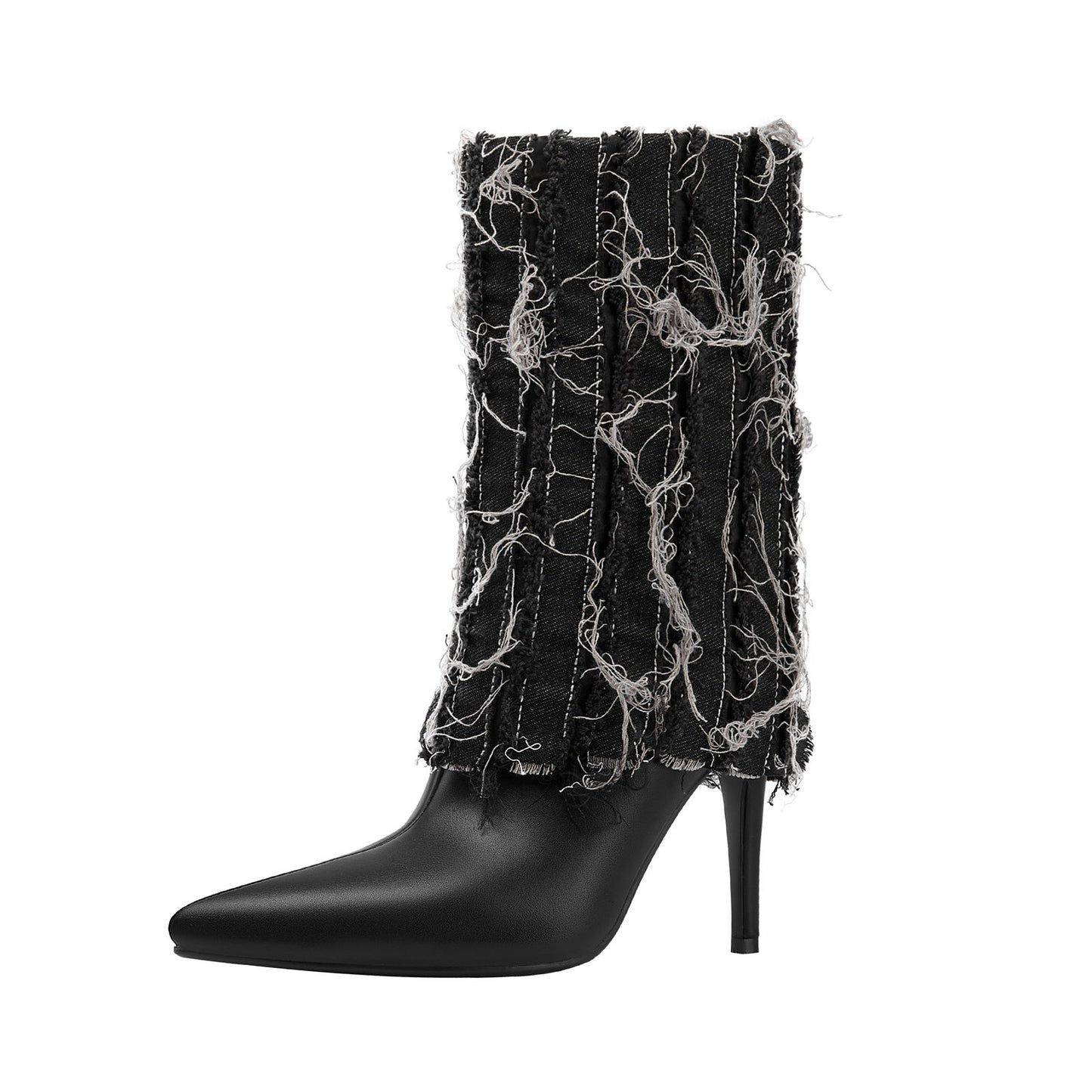 Distressed Denim Fold Over Leather Mid Calf Boots-2