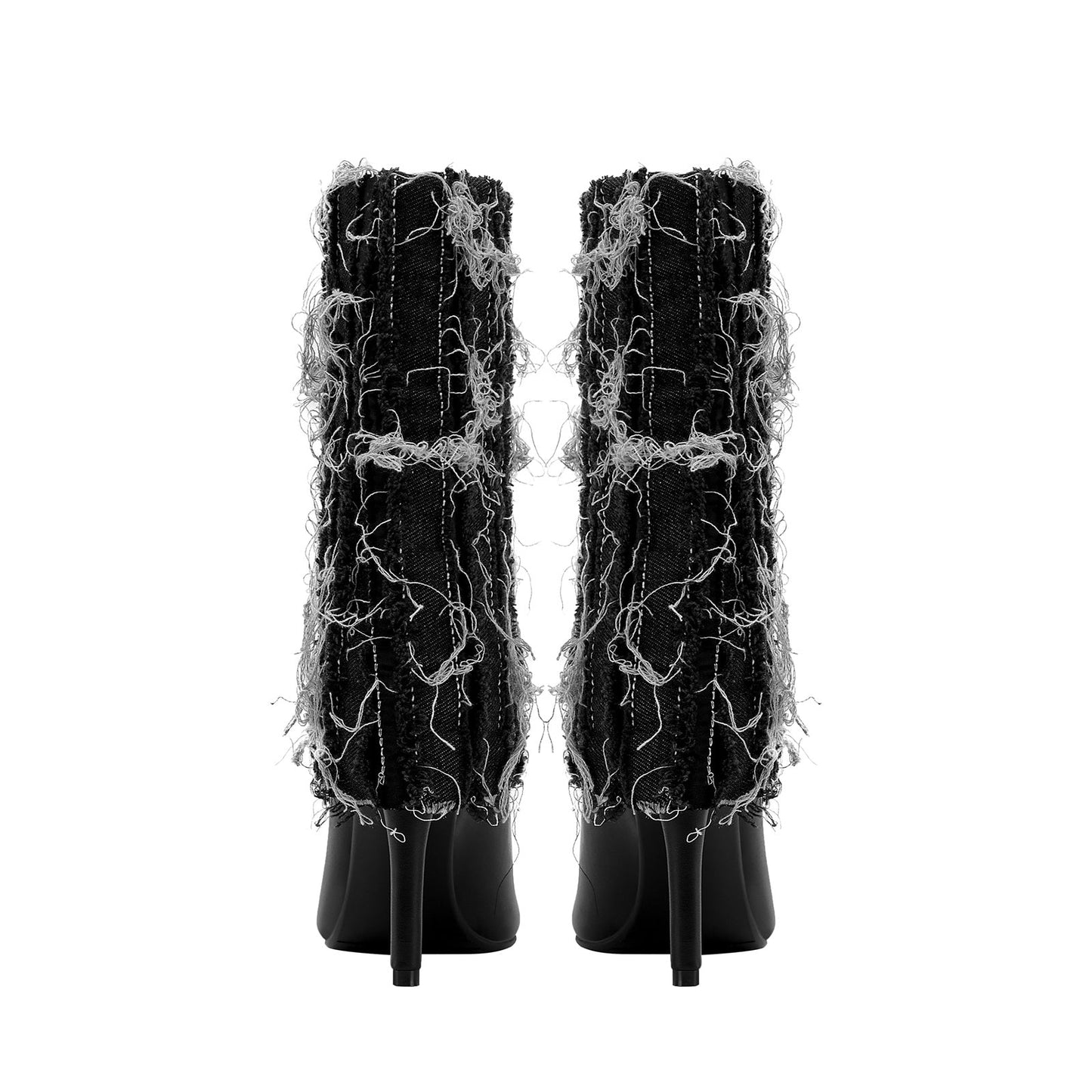Distressed Denim Fold Over Leather Mid Calf Boots-4