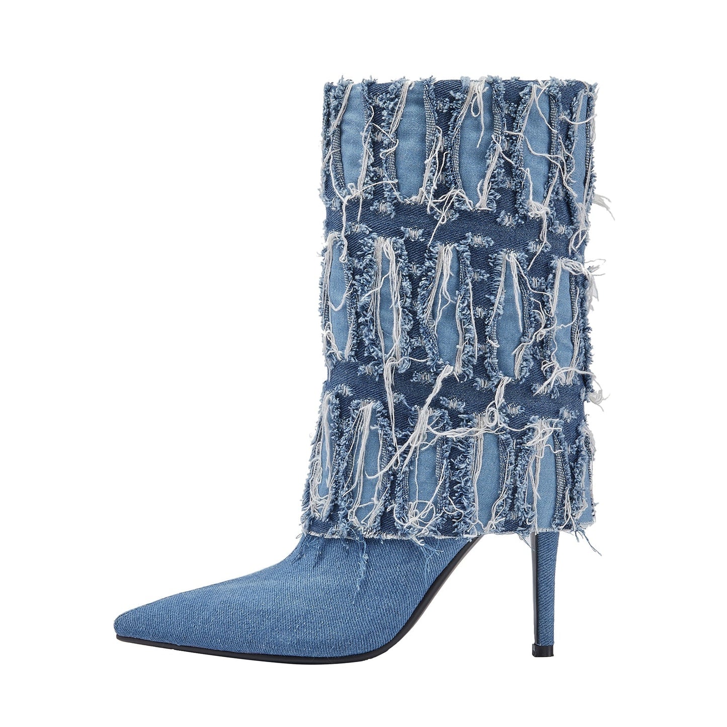 Distressed Denim Fold Over Leather Mid Calf Boots-5