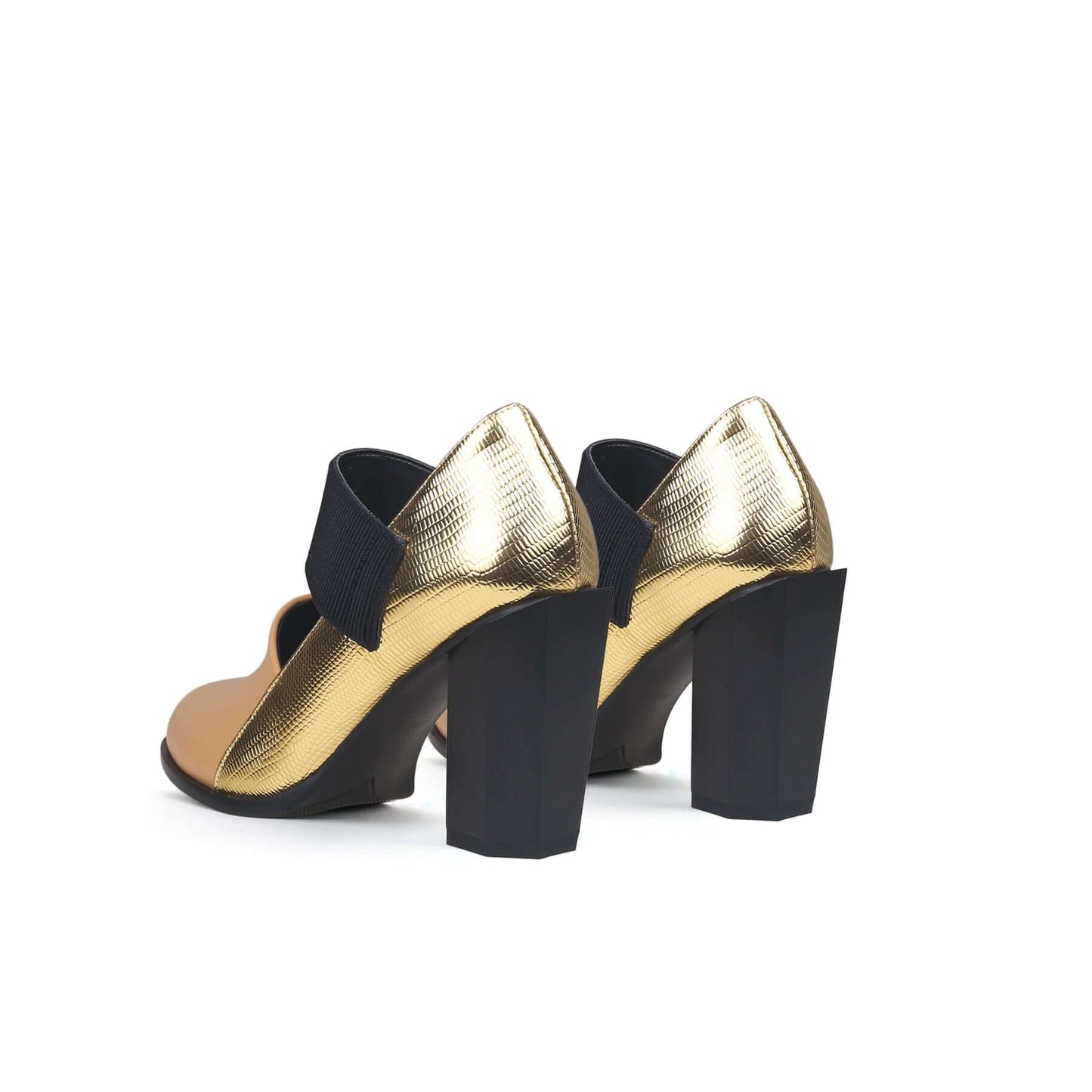 Gold Tone Apricot Block Heel Pumps-4