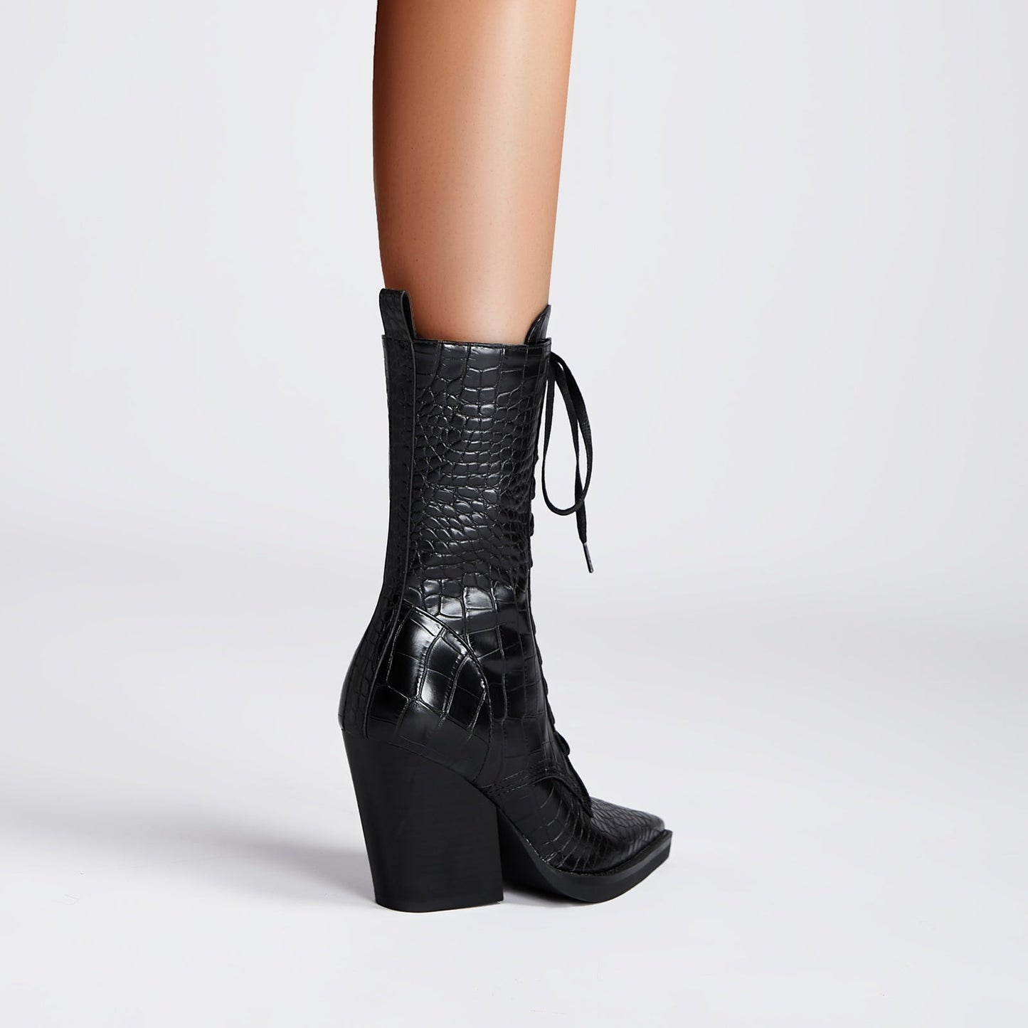 Lace Up Snakeskin Pointed Toe Ankle Boots-1