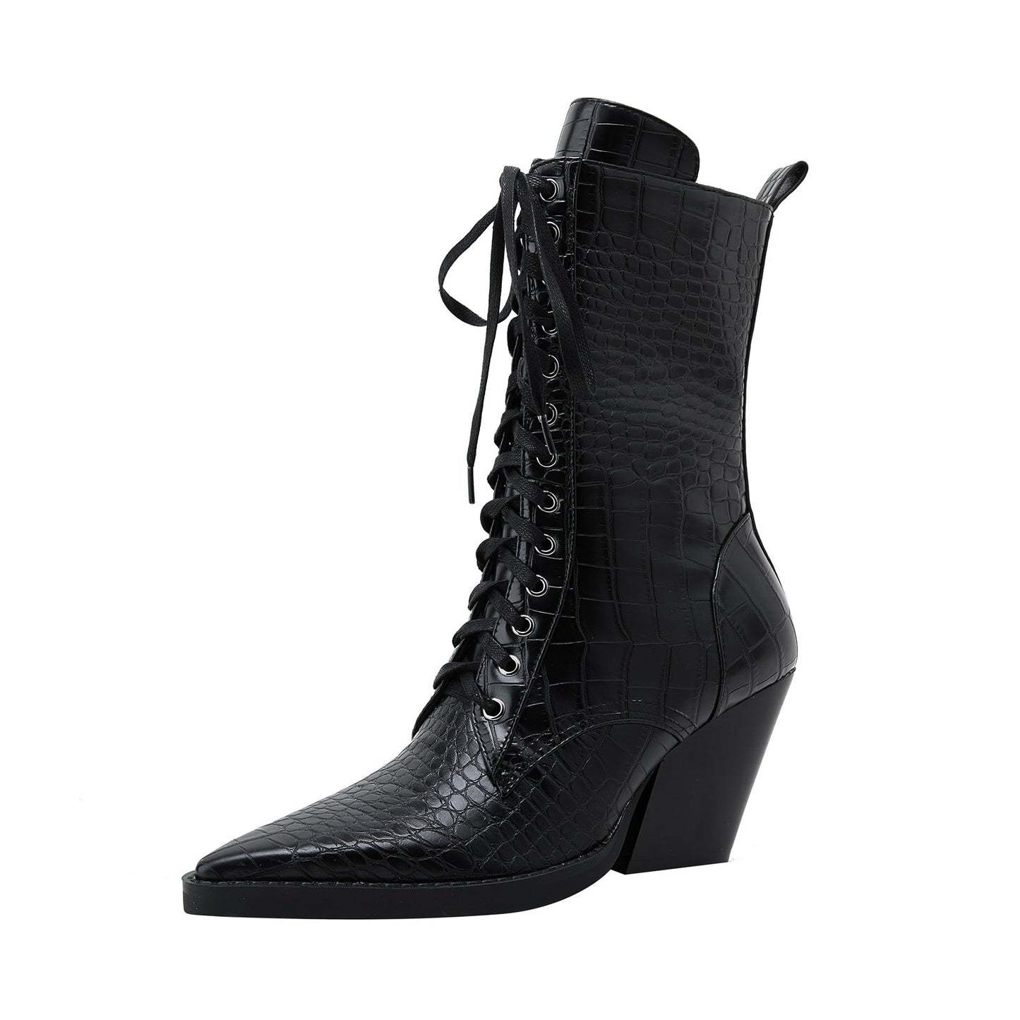 Lace Up Snakeskin Pointed Toe Ankle Boots-2