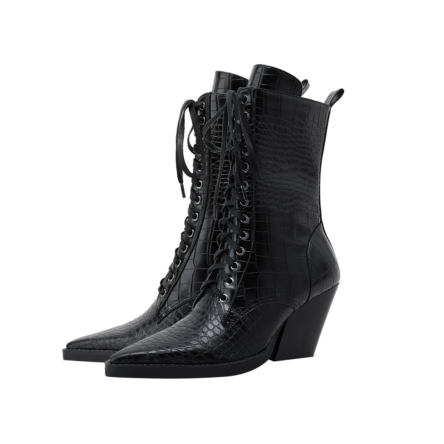 Lace Up Snakeskin Pointed Toe Ankle Boots-3