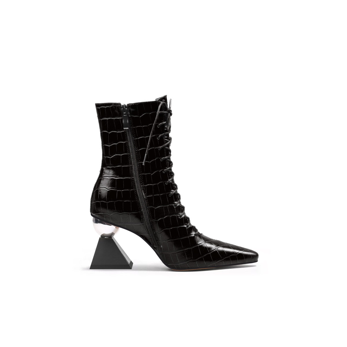 Textured Leather Lace Up Ankle Boots with Glass Heels-2