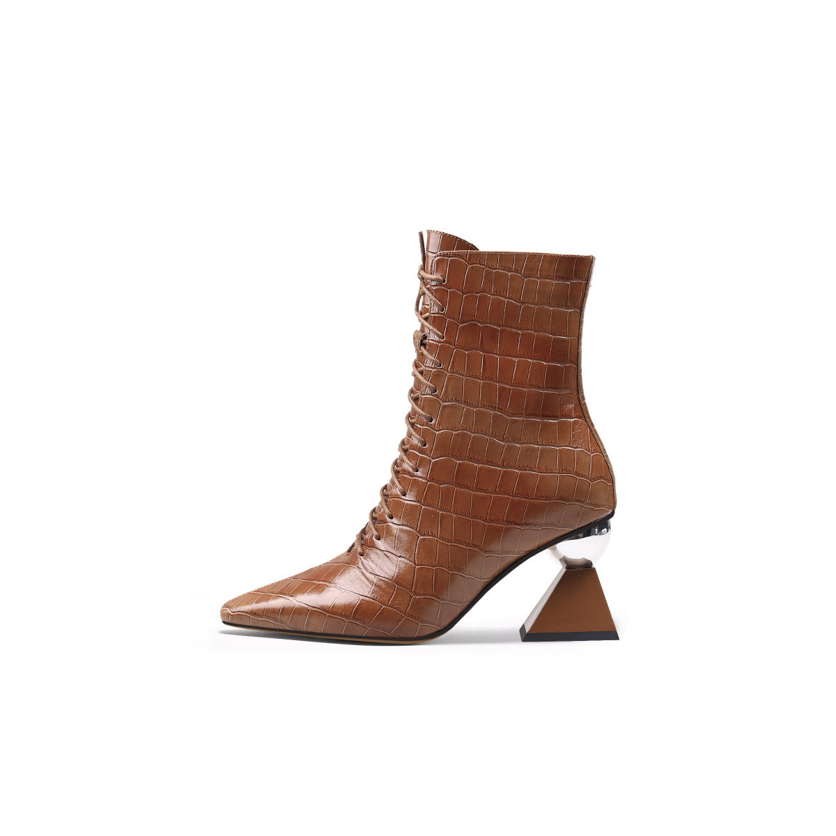 Textured Leather Lace Up Ankle Boots with Glass Heels-5