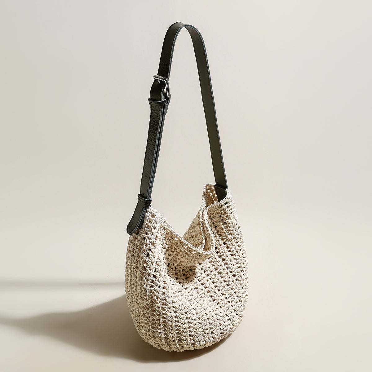 Medium White Beach Tote Bag with Blue Leather Straps
