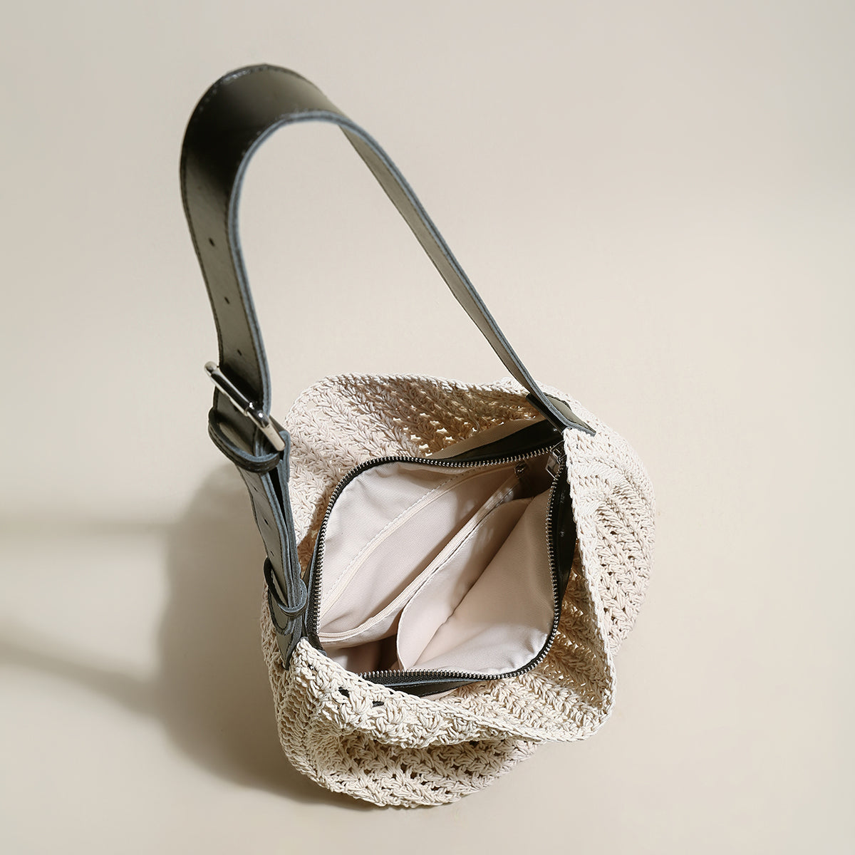 Medium White Beach Tote Bag with Blue Leather Straps