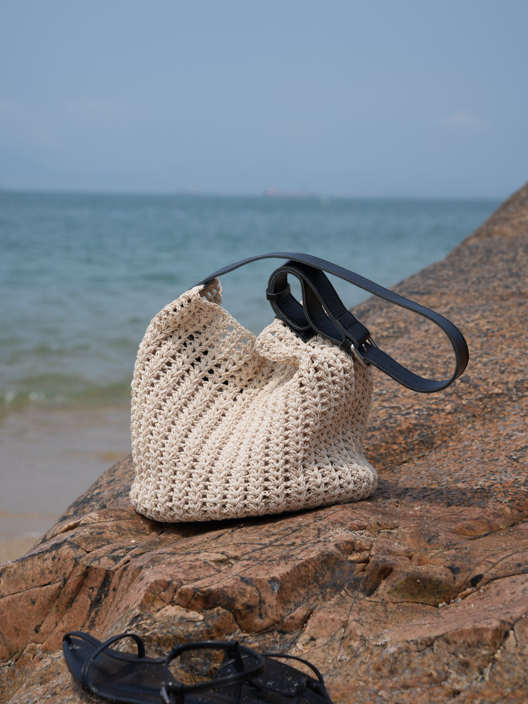 Medium White Beach Tote Bag with Blue Leather Straps
