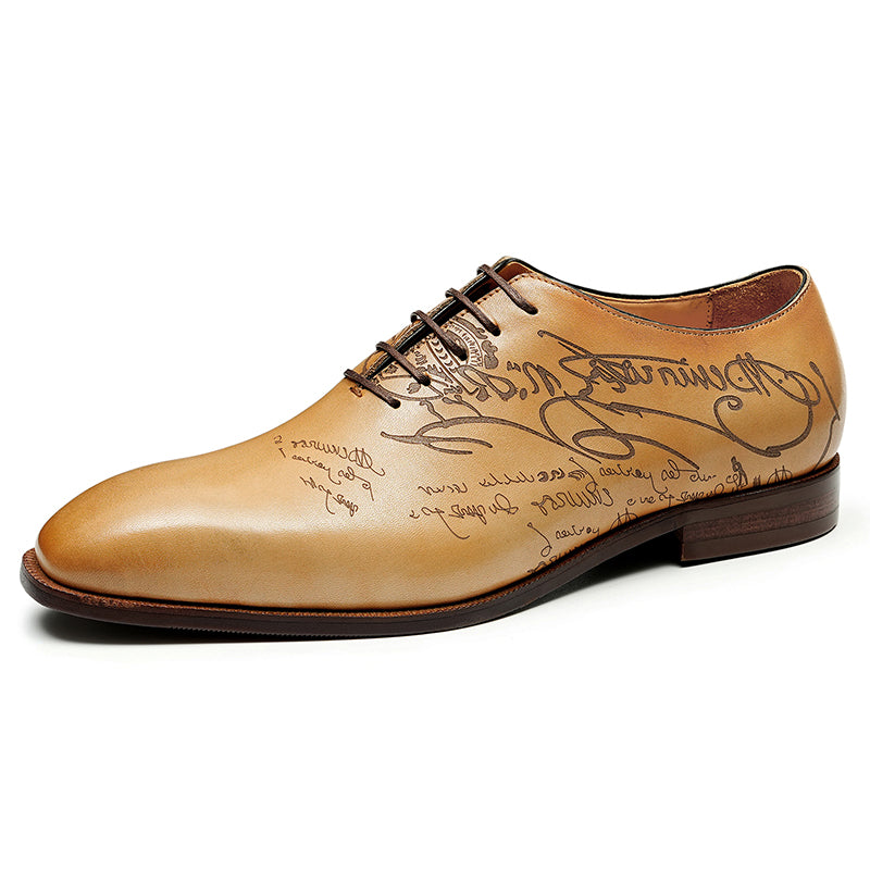 Men’s Calfskin Elite Oxford Shoes with Artistic Script Engraving-1