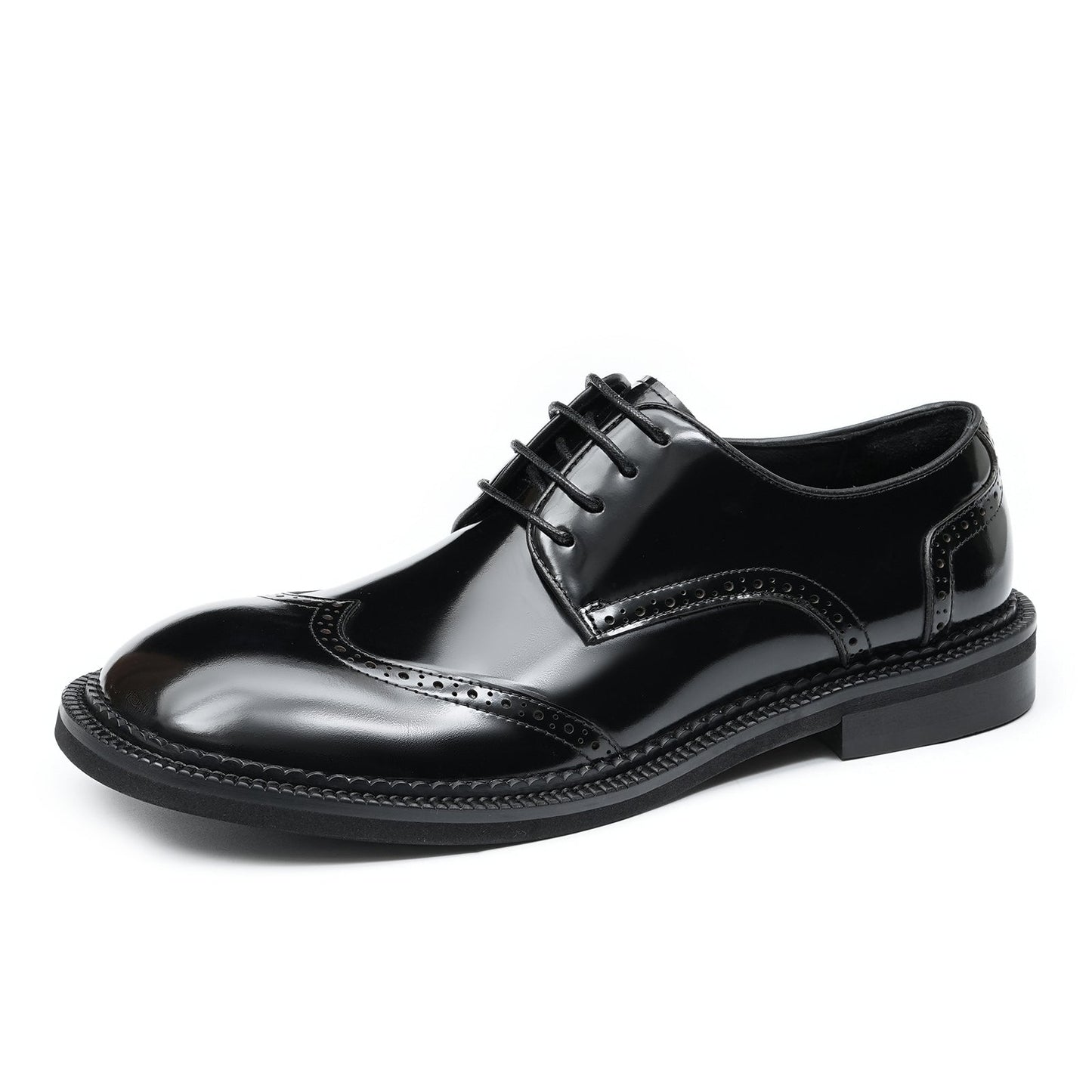 Men's Glossy Calfskin Classic Brogue Lace Up Derby Shoes-2