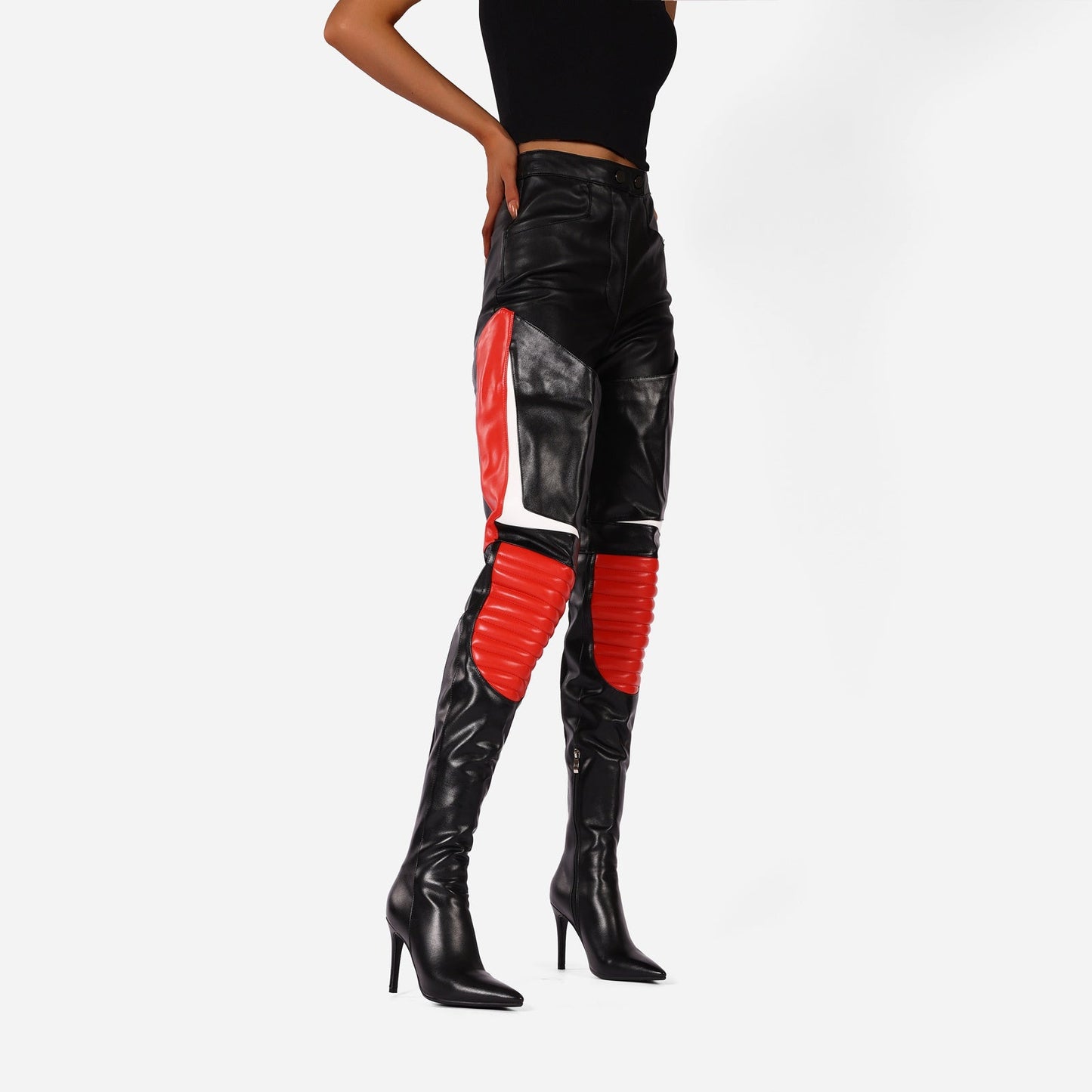 Multi Color Coil Panel Thigh High Boots-5