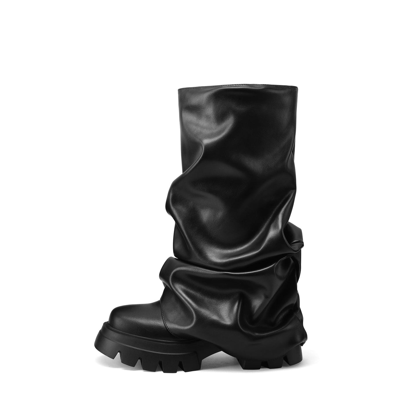 Ruched Leather Round Toe Boots-3