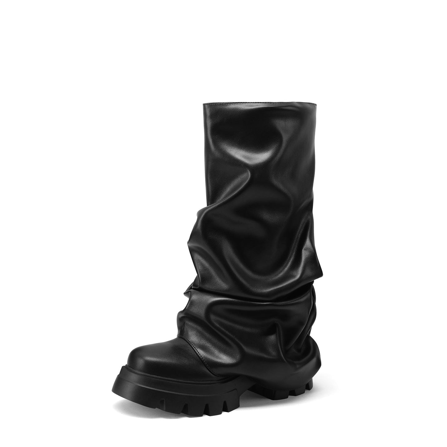 Ruched Leather Round Toe Boots-4