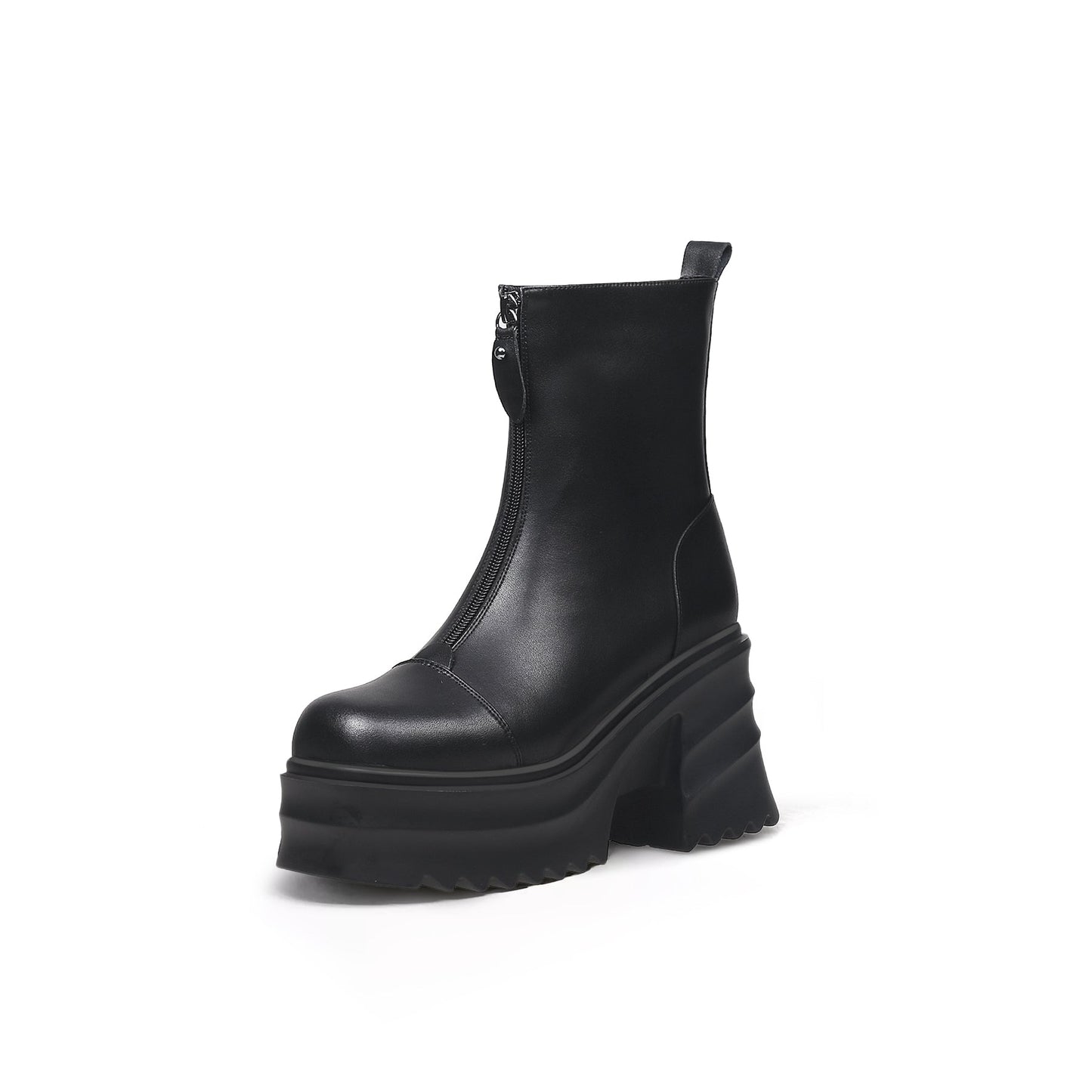 Side Zip Black Leather Platform Ankle Boots-1