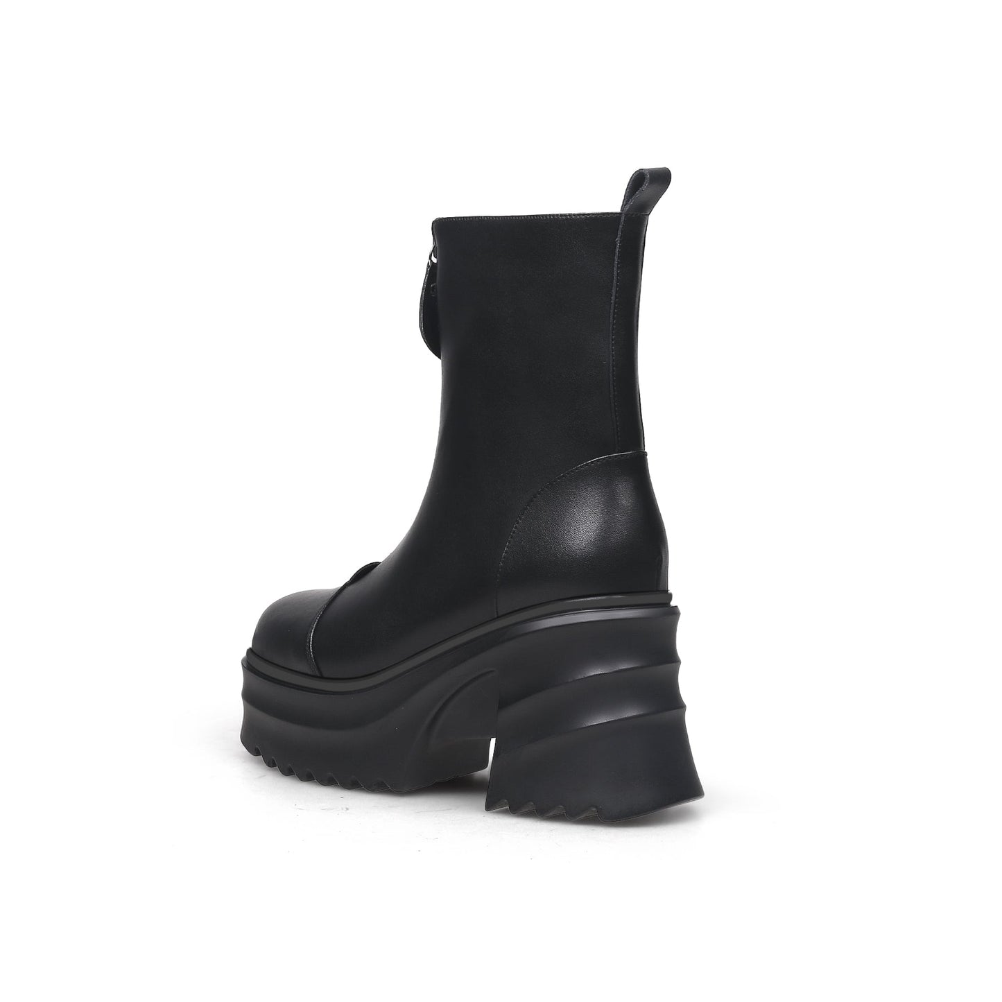 Side Zip Black Leather Platform Ankle Boots-2