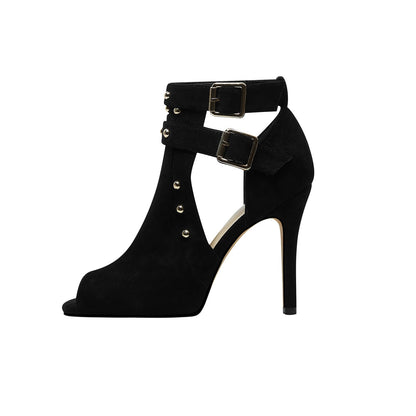 Bad Girl Black Buckle Strap Cutout Boots-1