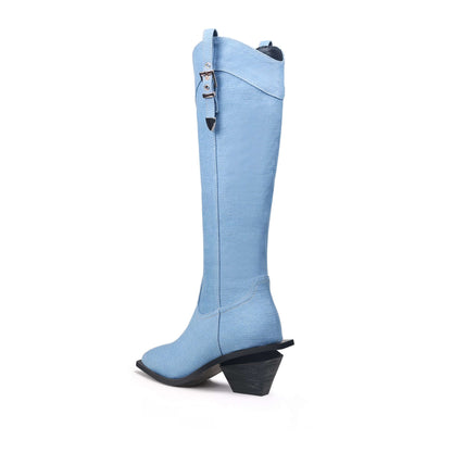 Belted Denim Knee-High Cowgirl Boots-3