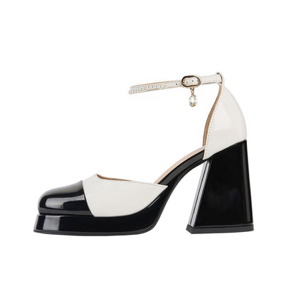 Black and White Round Toe Ankle Strap Pumps-1