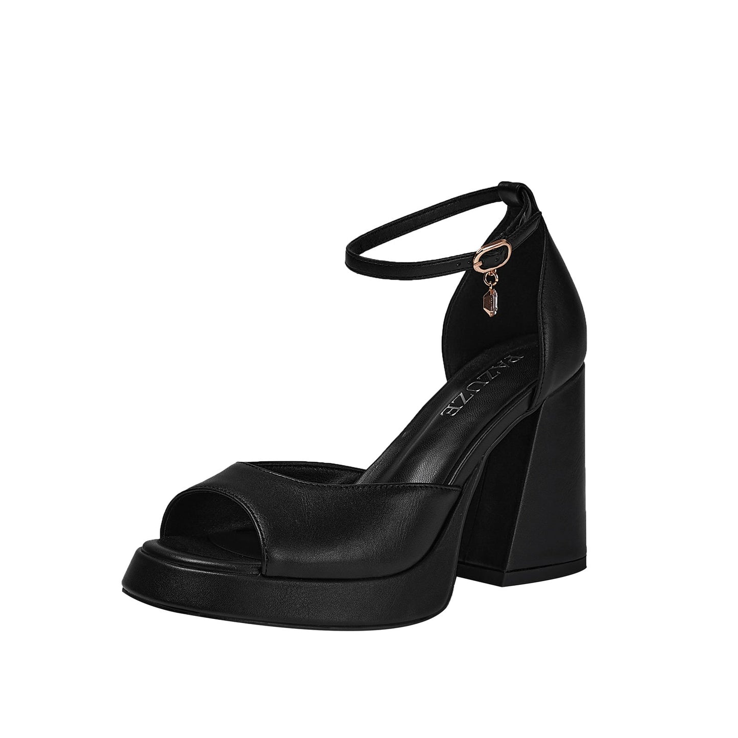 Black Chunky Block High Heel Ankle Strap Sandals