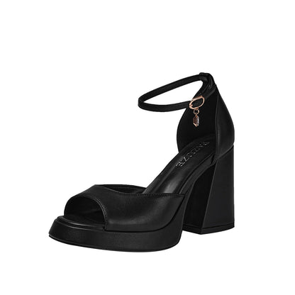 Black Chunky Block High Heel Ankle Strap Sandals