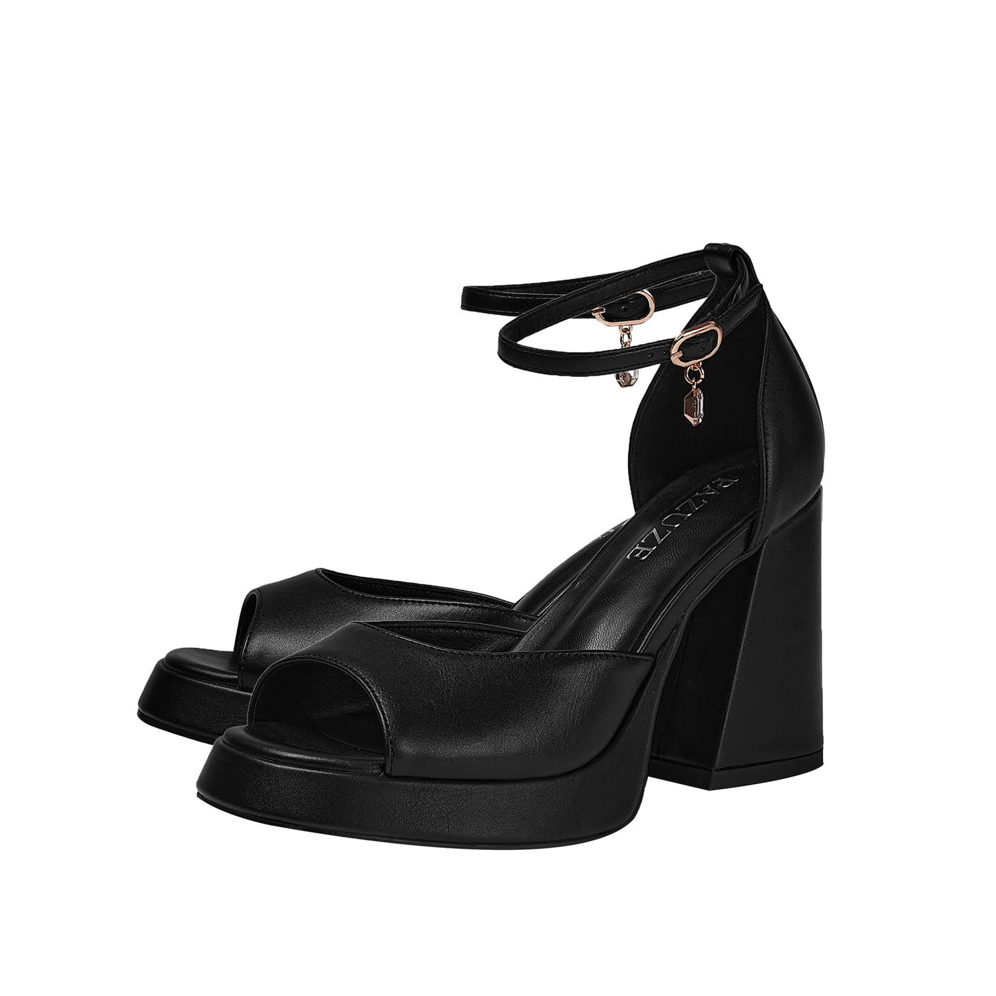 Black Chunky Block High Heel Ankle Strap Sandals