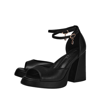 Black Chunky Block High Heel Ankle Strap Sandals
