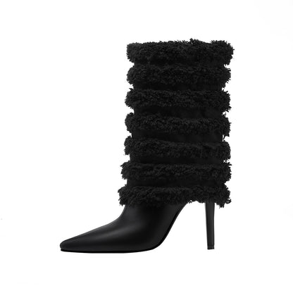 Black Leather Fur Coil Pointed Stiletto Boots-0