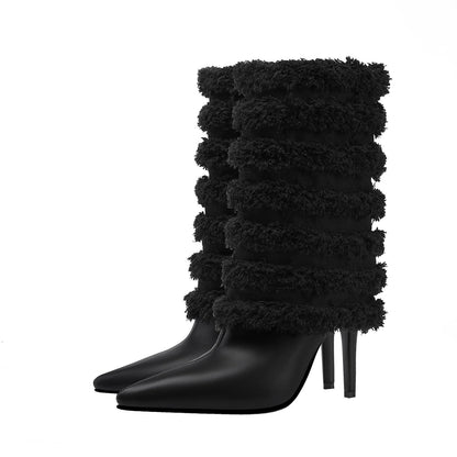 Black Leather Fur Coil Pointed Stiletto Boots-3