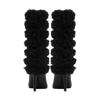 Black Leather Fur Coil Pointed Stiletto Boots-4
