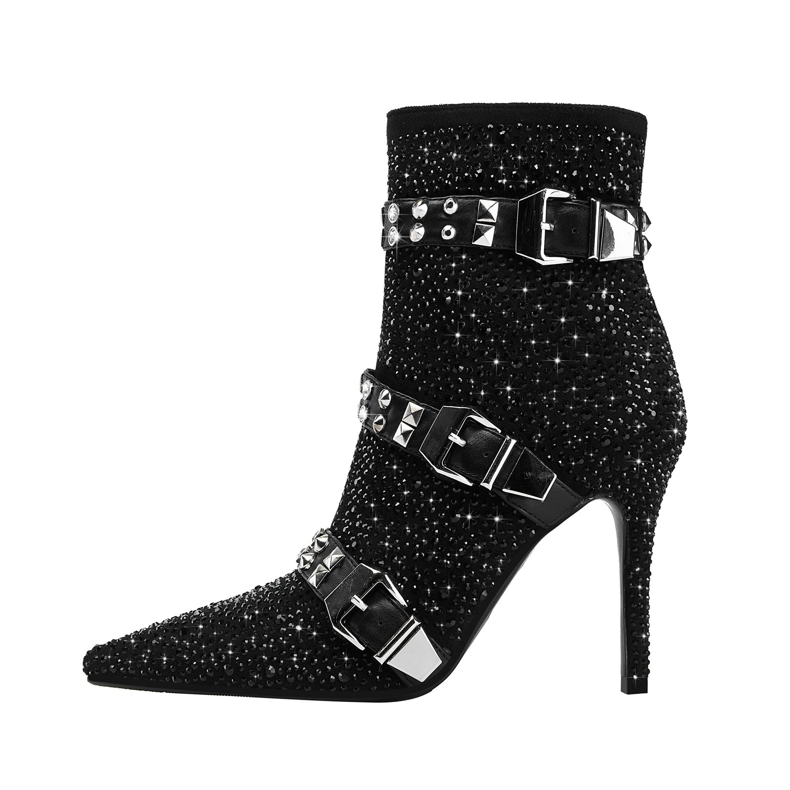 Black Rhinestone Ankle Boots with Silver Buckles-0