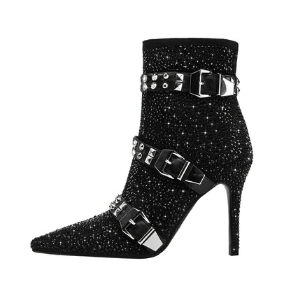 Black Rhinestone Ankle Boots with Silver Buckles-0