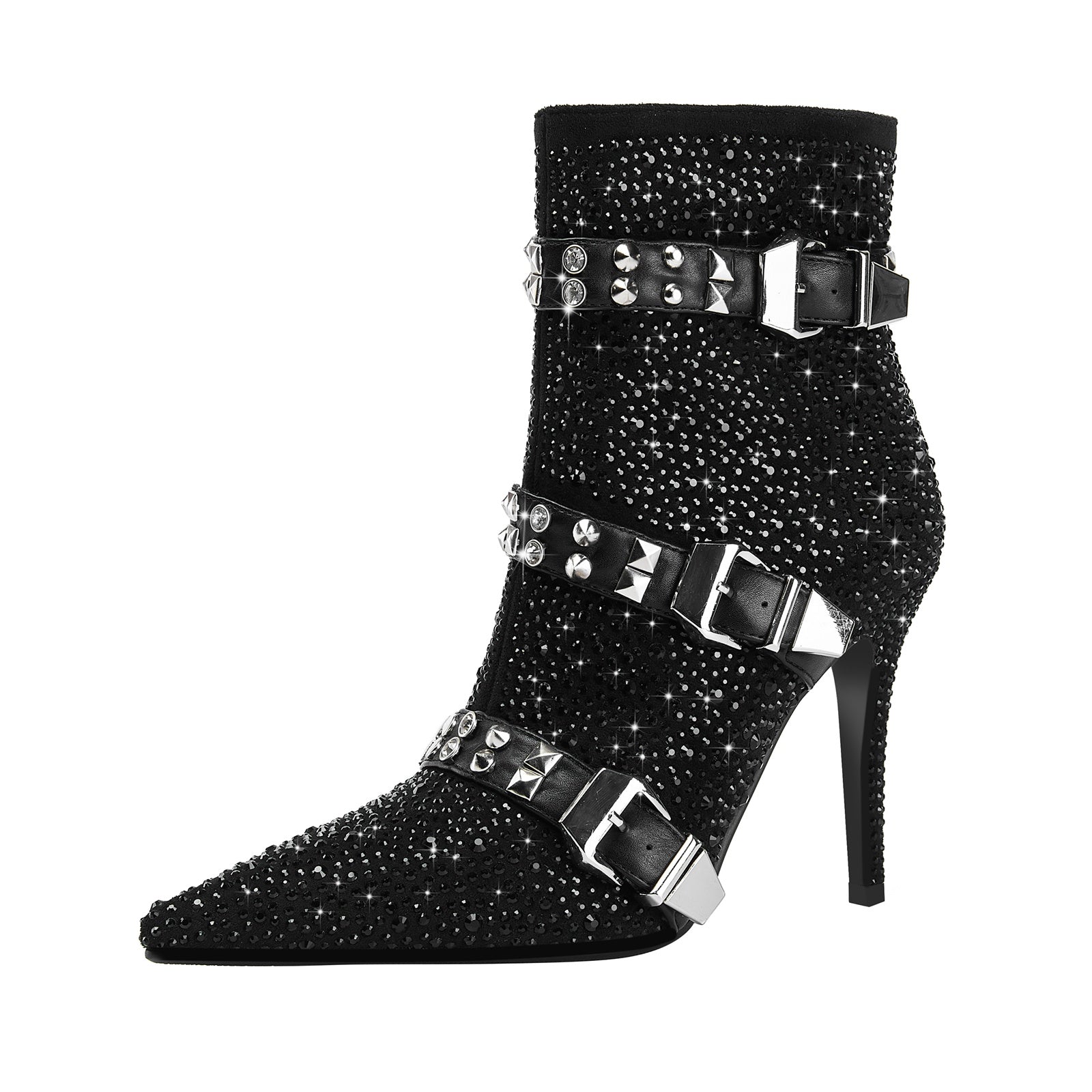 Black Rhinestone Ankle Boots with Silver Buckles-2