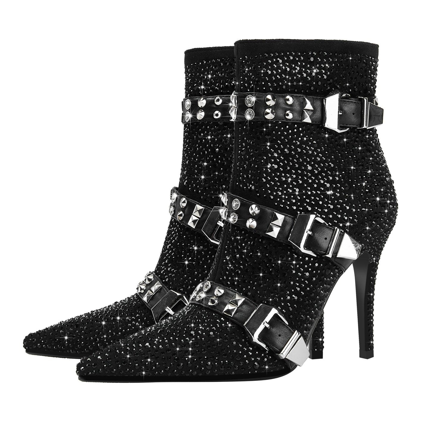 Black Rhinestone Ankle Boots with Silver Buckles-3