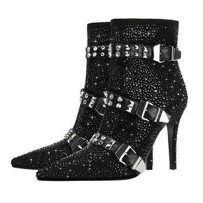Black Rhinestone Ankle Boots with Silver Buckles-3