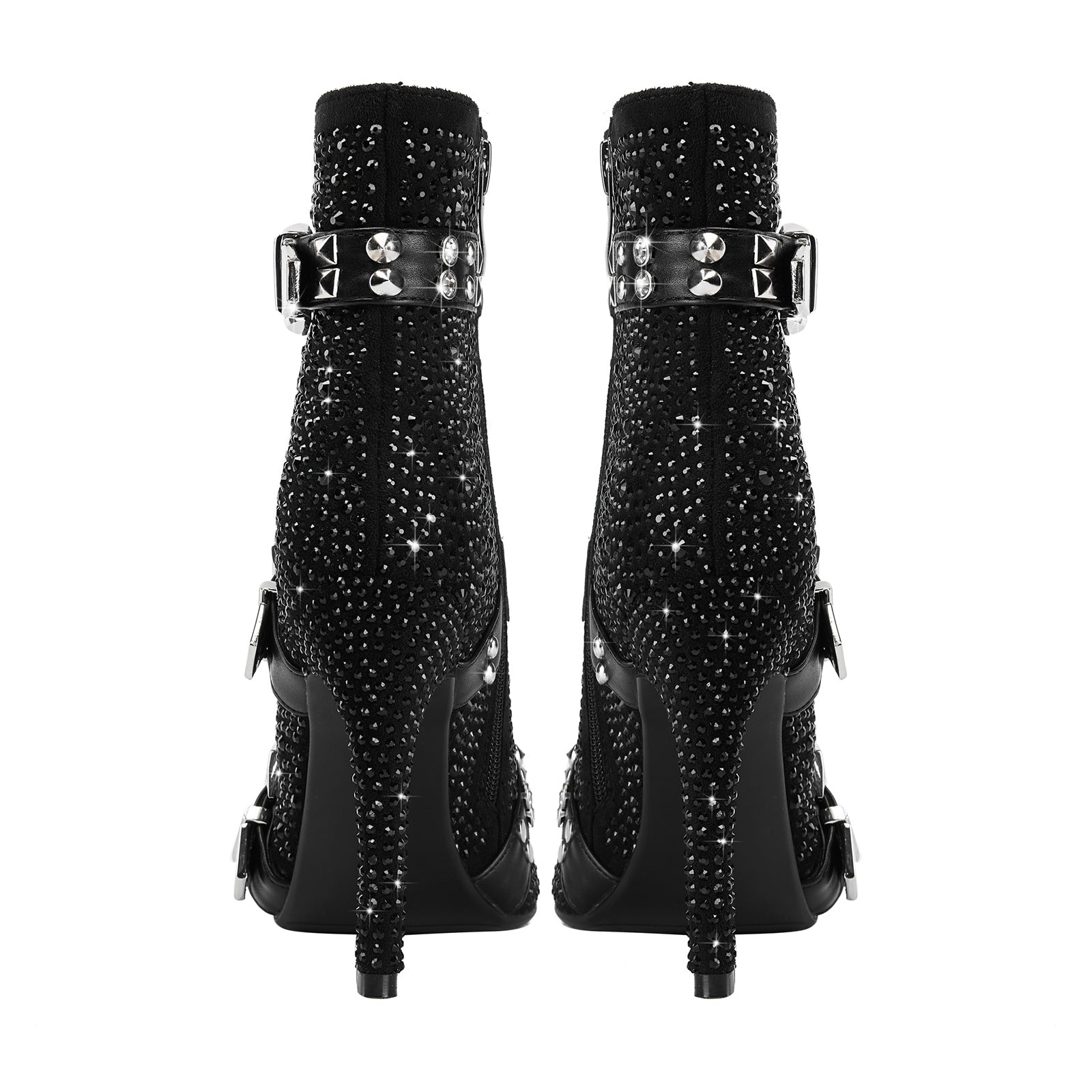 Black Rhinestone Ankle Boots with Silver Buckles-4