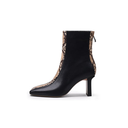 Block Heel Patchwork Leather Ankle Boots-6
