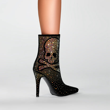 Crystal Encrusted Skull and Bones Black Ankle Boots-1