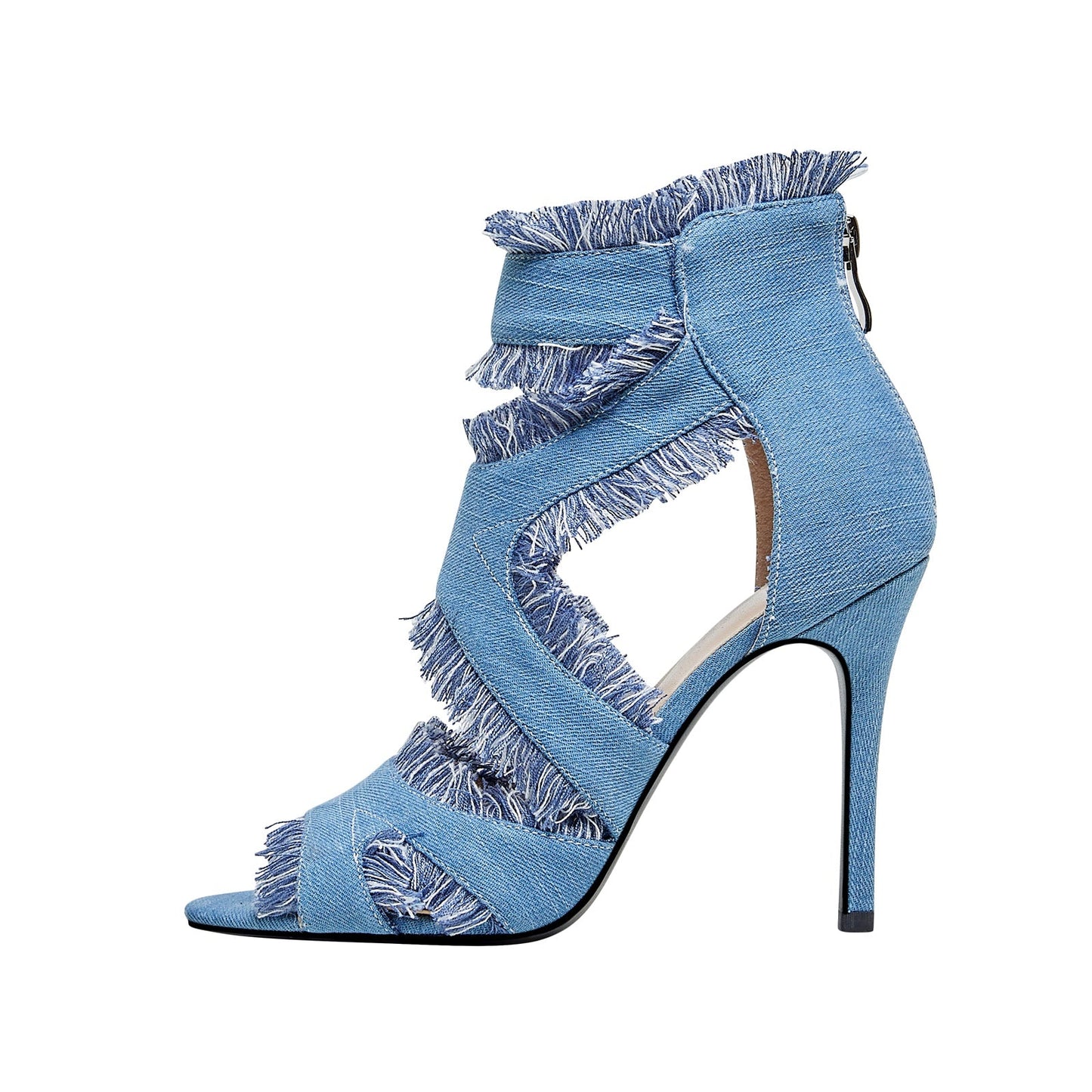 Cutout Distressed Denim Stiletto Heel Ankle Boots