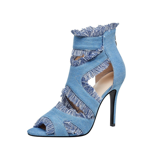 Cutout Distressed Denim Stiletto Heel Ankle Boots