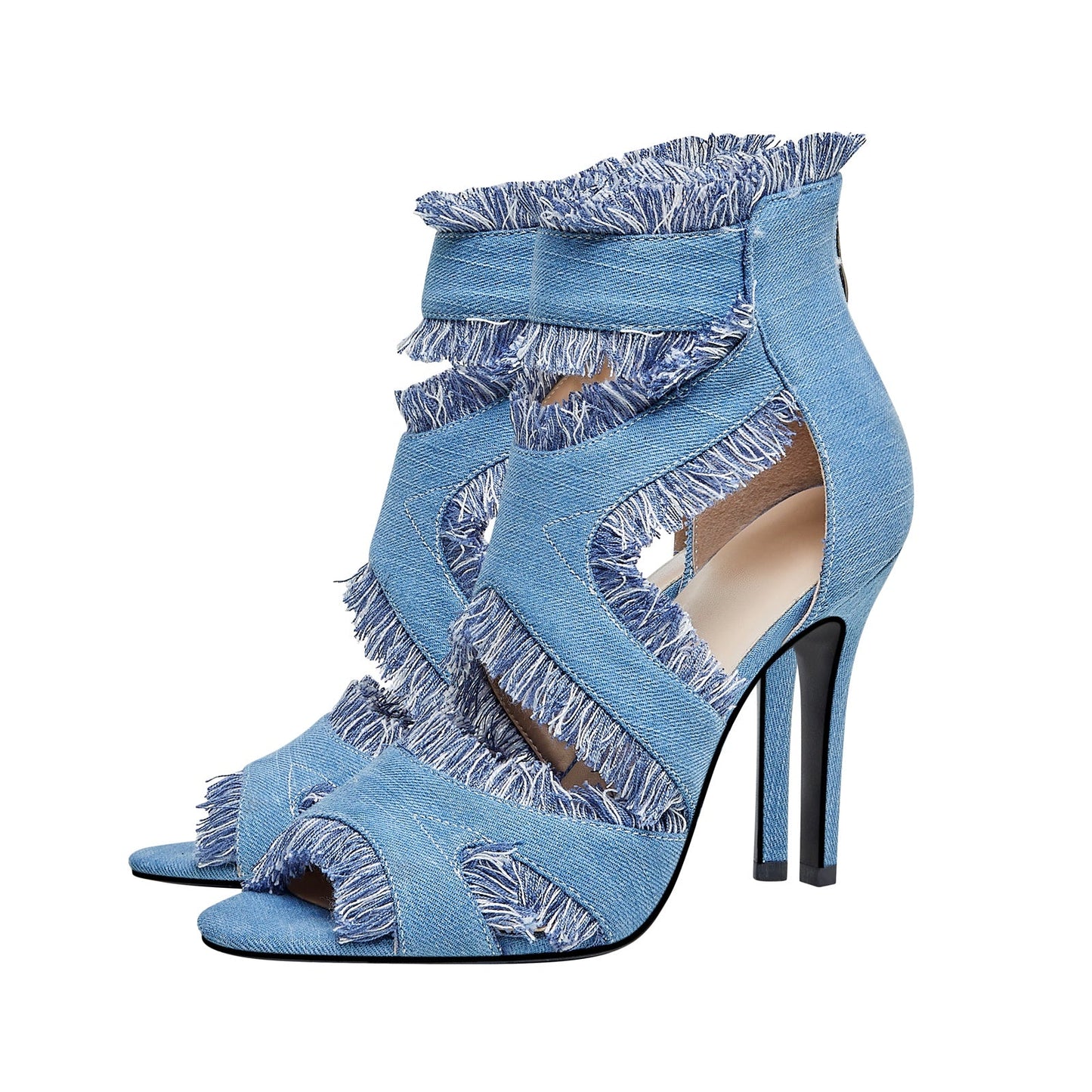 Cutout Distressed Denim Stiletto Heel Ankle Boots