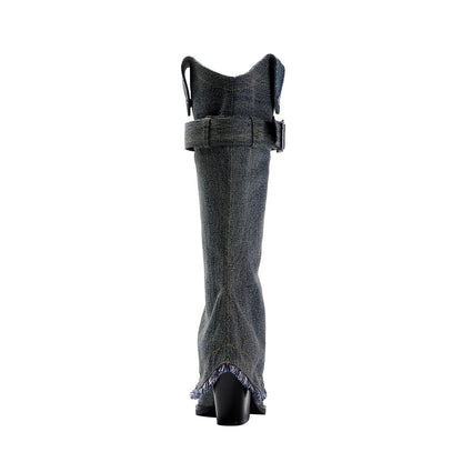 Denim Buckle Foldover Knee High Boots-3