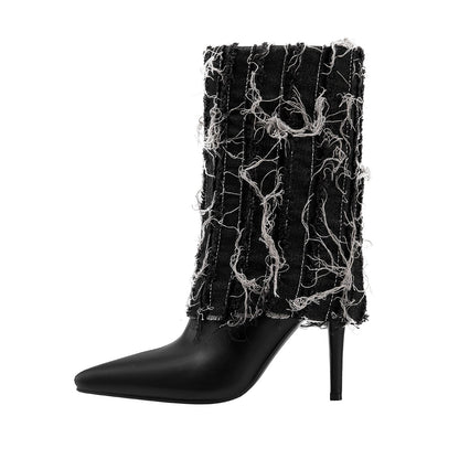 Distressed Denim Fold Over Leather Mid Calf Boots-0