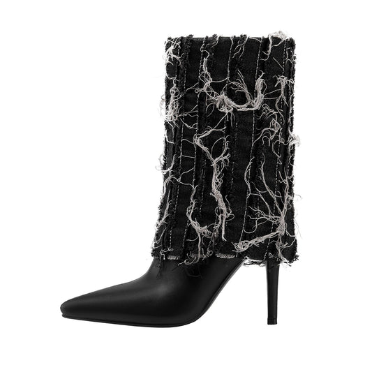 Distressed Denim Fold Over Leather Mid Calf Boots-0