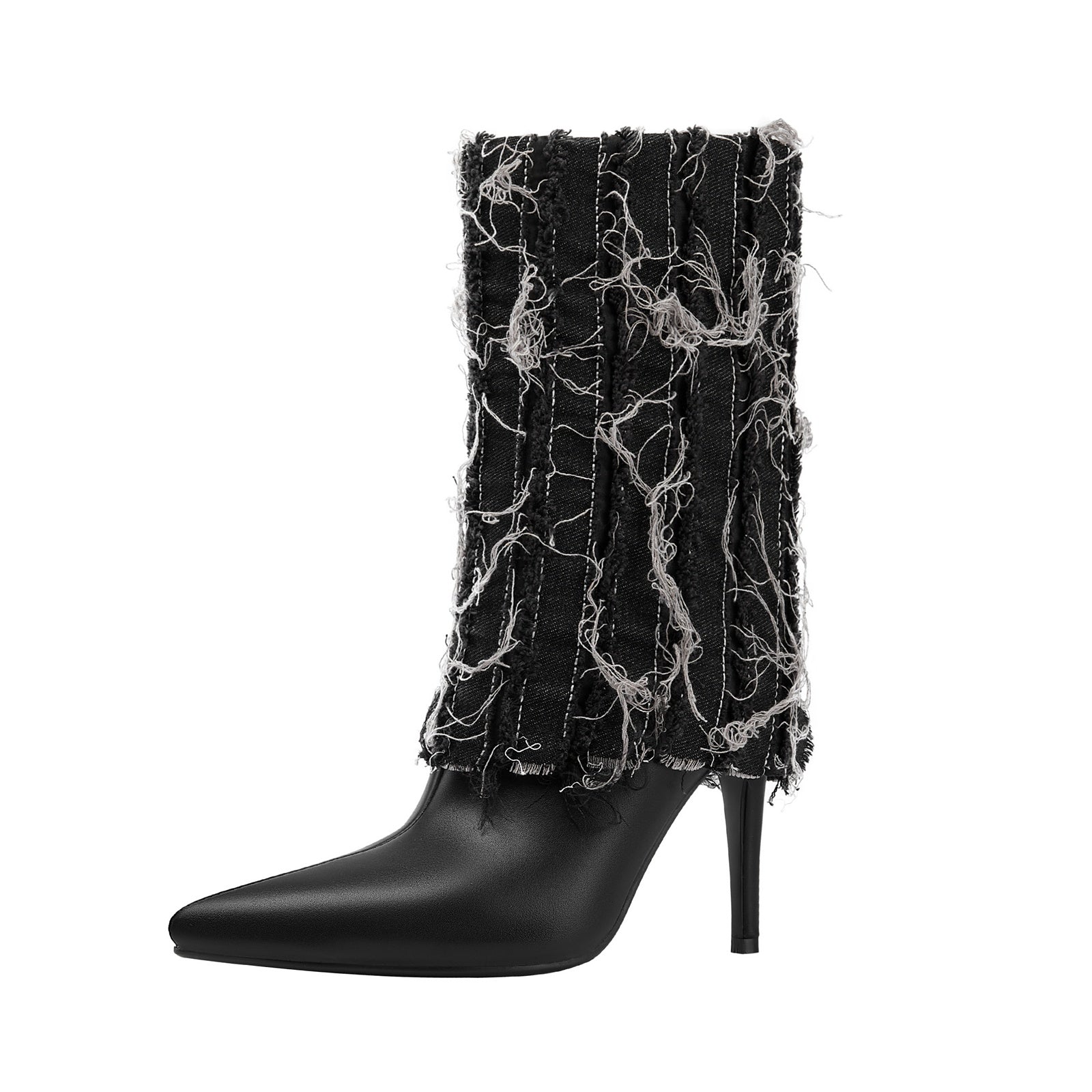 Distressed Denim Fold Over Leather Mid Calf Boots-2