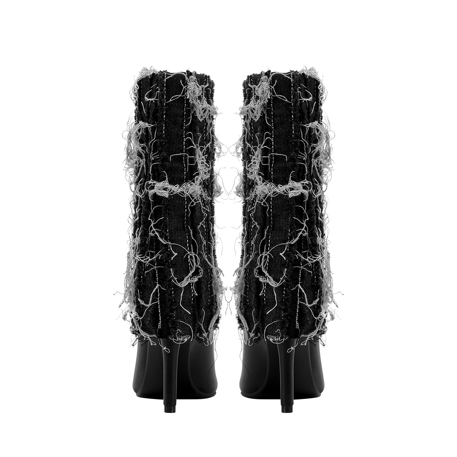 Distressed Denim Fold Over Leather Mid Calf Boots-4