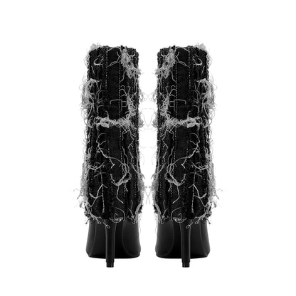 Distressed Denim Fold Over Leather Mid Calf Boots-4