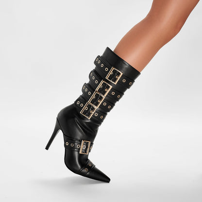 Dominatrix Leather Buckle Strappy Knee High Boots-1