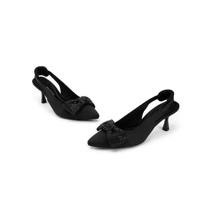 Embellished Bow Pointed Toe Slingback Kitten Heels-1