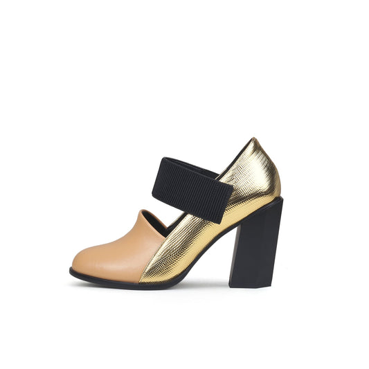 Gold Tone Apricot Block Heel Pumps-0