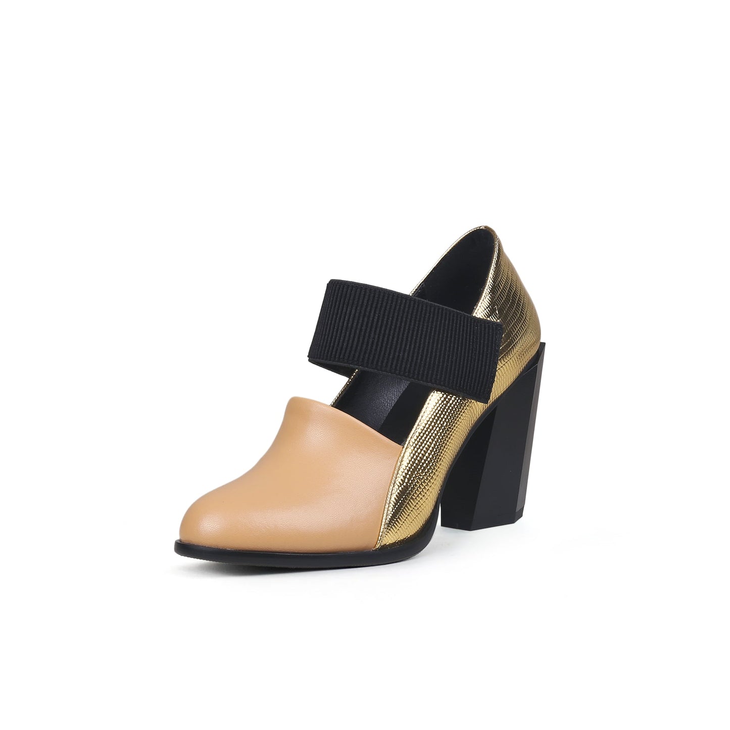 Gold Tone Apricot Block Heel Pumps-1